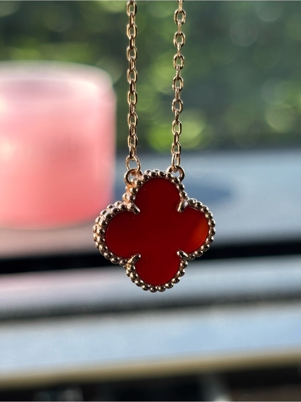 18k Rose Gold Plated Red Agate Clover Pendant Necklace - Women Jewelry